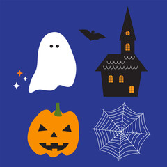 Halloween set. Ghost, bat, scary pumpkin, Halloween house, spider web. Halloween elements. Halloween vector illustration.
