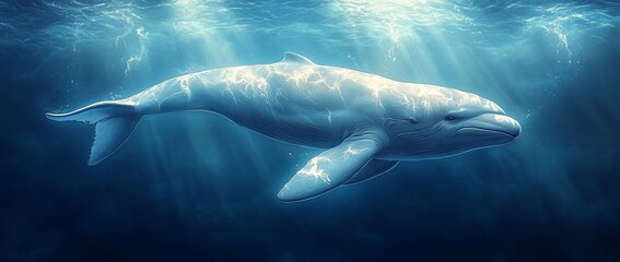 Obraz premium A serene underwater scene featuring a majestic whale swimming gracefully.
