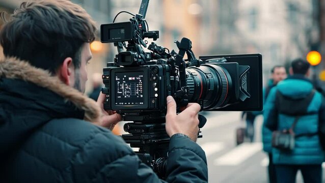 Videographer Capturing a Scene on Busy Street