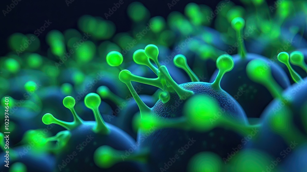 Poster microscopic view of vibrant green microorganisms on a dark background.