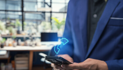 Businessman Using Smartphone with Call Icon Overlay