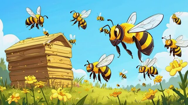 Cartoon Bees Flying Around a Hive