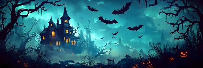 Halloween night with a spooky house and bats, halloween background