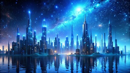 Obraz premium A Futuristic Cityscape Under a Starry Night Sky with Reflections in a Calm Body of Water