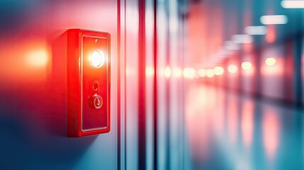 Elevator control panel with red light in a modern corridor, blurred background.