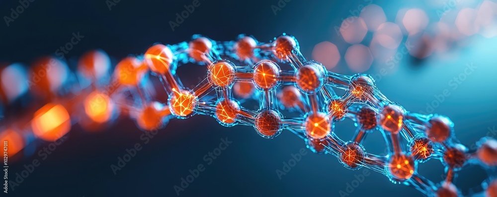 Poster abstract representation of dna structure with glowing elements, blue background.