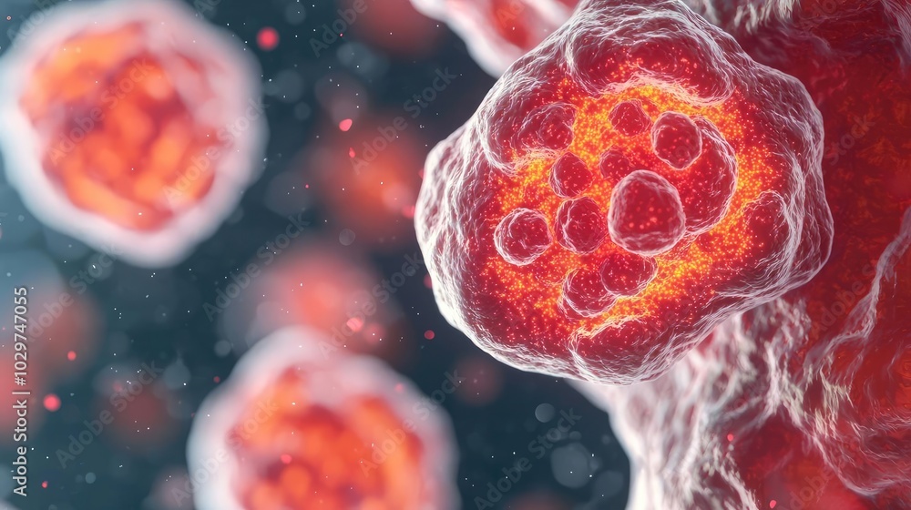 Poster close-up view of glowing cells in a dark background, showcasing cellular structure.