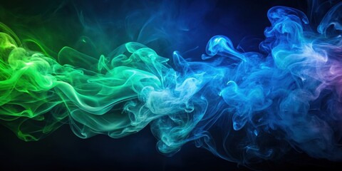 Obraz premium Luminous green and blue smoke swirls on a dark blue background, luminous, green, blue, smoke, swirls, dark blue