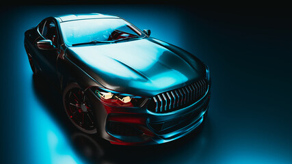 A sleek, futuristic sports car with a shiny black exterior, designed without any copyright...