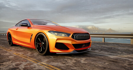 A high-quality, royalty-free 3D rendering of an orange sports car driving on a scenic coastal road, under a cloudy sky.