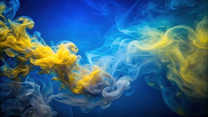 Obraz premium Vibrant yellow and blue smoke swirls against blue background, vibrant, yellow, blue, smoke, swirls, abstract