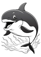 Obraz premium Fröhlicher Cartoon-Orca im Wasser (KI generiert)