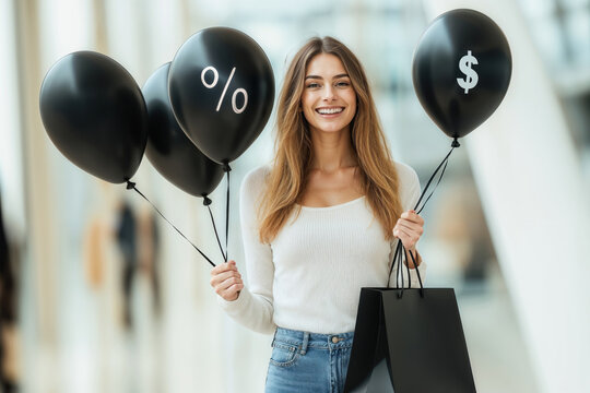 Jovem segurando sacolas de compras da Black Friday. A imagem transmite a emo&ccedil;&atilde;o do per&iacute;odo de consumo em lojas e sites