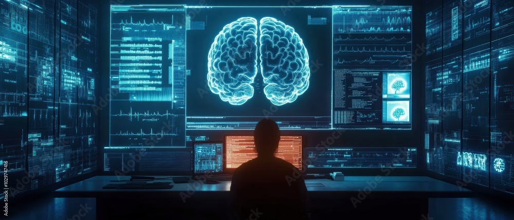 Aufkleber a person analyzing data with a digital brain displayed on a futuristic screen, showcasing the inters