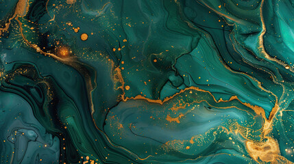 emerald green and golden marble fluid art texture. abstract wave flowing background.