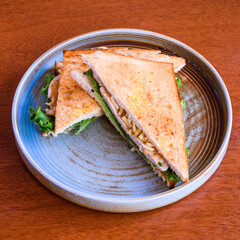 Delicious toasted triangle sandwich with chicken and vegetables being served on a blue plate