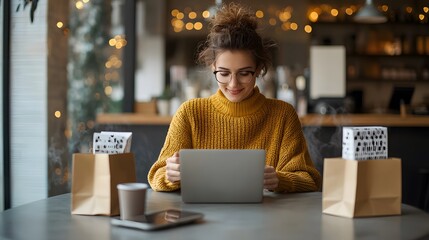 A young woman, smiling and focused, sits at a table in a cafe with steaming coffee and gift bags nearby. Cyber Monday Concept