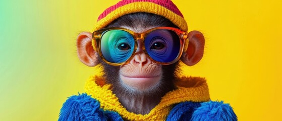 Fototapeta premium A stylish monkey wearing colorful glasses and a vibrant outfit against a bright, cheerful background.