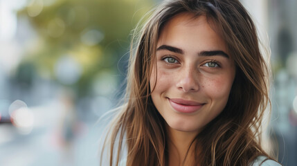 Obraz premium Natural Light Portrait of a Smiling Young Woman with Long Hair on a City Street