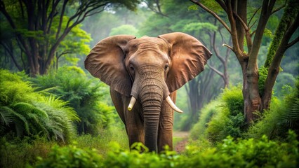 Fototapeta premium Close-up photo of a majestic elephant standing in a lush green forest, wildlife, elephant, nature, animal, jungle, safari