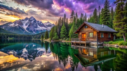 Fototapeta premium A secluded wooden cabin nestled by a tranquil lake reflecting the vibrant hues of a sunset sky, with towering snow-capped mountains in the distance.