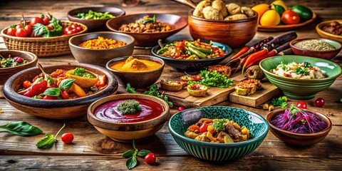 Candid Food Photography of Colorful Dishes and Drinks on Wooden Table for Culinary Inspiration