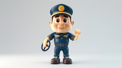 Friendly Cartoon Policeman with Steering Wheel