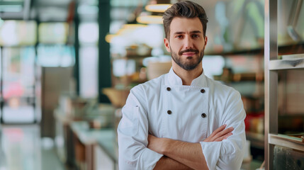 Professional Chef Posing in Modern Restaurant Kitchen - Culinary Expert in White Uniform