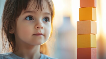 Child playing with educational toys, focused expression, confidence building, learning