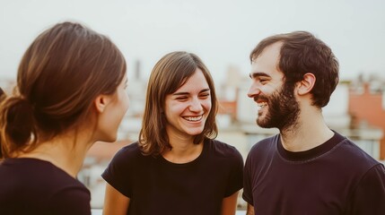 Fototapeta premium Rooftop Connection: Three friends, two women and a man, share a lighthearted moment on a rooftop, creating a sense of connection and shared joy. The warm.