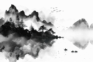 Minimalist landscape abstract background wallpaper. black-and-white, Aesthetic nature art contemporary mountain poster.
