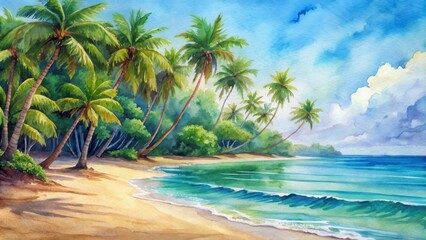 Obraz premium Watercolor painting of a tropical seaside landscape with blue water, green palm trees, and sandy beach, tropical, seaside