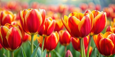 Fototapeta premium Vibrant red and yellow tulips in full bloom, flowers, tulips, red, yellow, vibrant, spring, garden, blossom, petals, nature