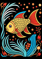 Fototapeta premium Bunter Zierfisch mit floralen Elementen im Cartoon-Stil (KI generiert)