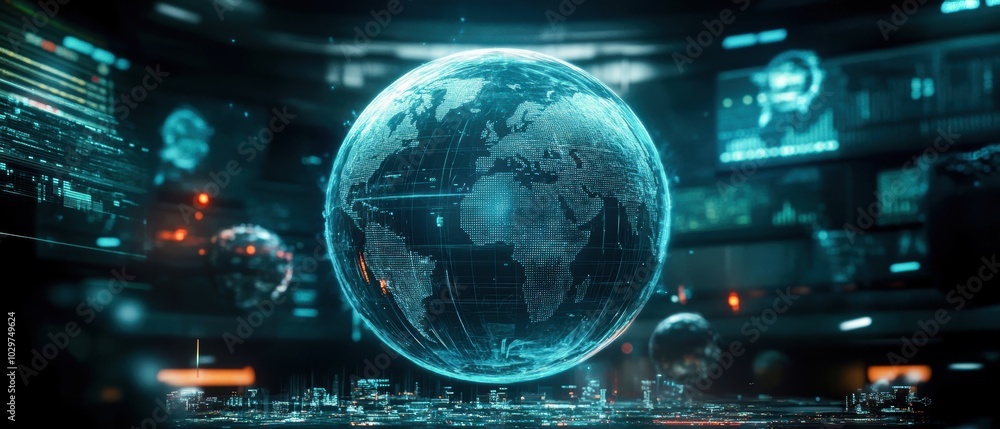 Aufkleber futuristic globe representation with digital interfaces and data streams, showcasing interconnected 