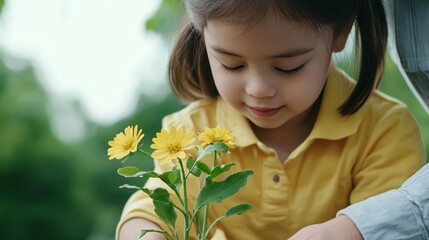 Father and daughter planting flowers, garden setting, self-esteem, learning through play