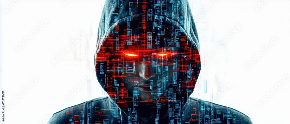 Poster mysterious figure with glowing eyes surrounded by digital data, symbolizing cybersecurity and hackin