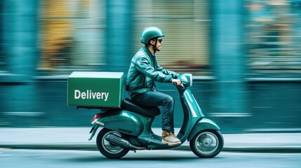 Fototapeta premium Fast Delivery Scooter Rider in City Street 