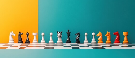Chess pieces on colorful background.