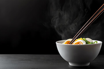 Steaming bowl of ramen with chopsticks