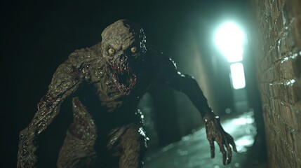 Fototapeta premium Monstrous Mutation: Terrifying Zombie in Dark Alley 3D Render Illustration
