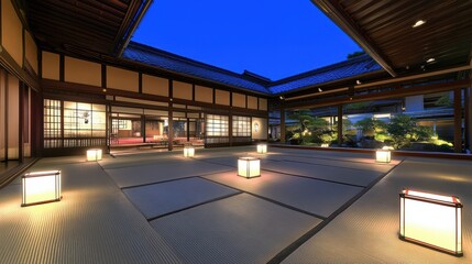 Serene Japanese Courtyard at Night: Tranquil evening scene of a traditional Japanese courtyard, illuminated by soft lanterns, showcasing the beauty of Japanese architecture and landscaping. 