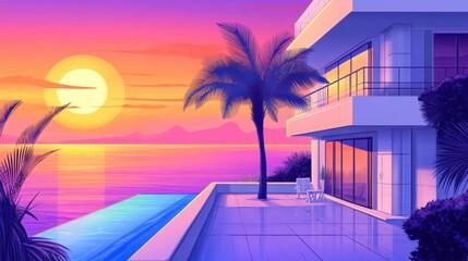 Obraz premium Vibrant sunset view from a modern balcony with palm trees and an infinity pool, overlooking the serene ocean landscape.
