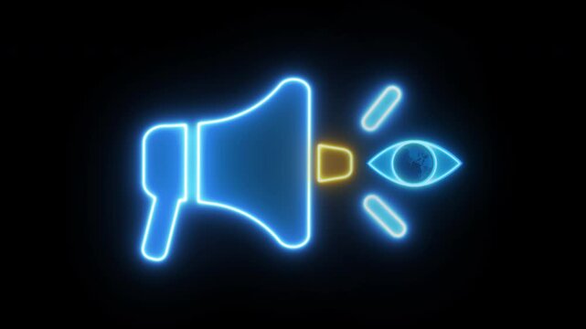 Brand visuality icon, Public Relations concept for construction, Investment, business development and Engineering. Glowing neon line of megaphone with eye icon on transparent background.