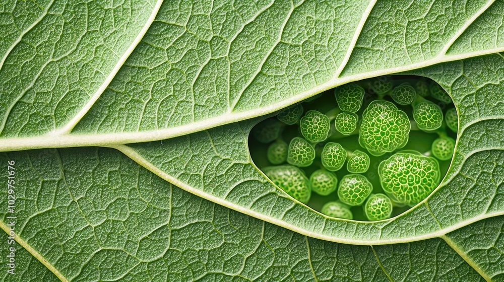 Poster close-up of vibrant green leaf texture with hidden spherical formations inside.