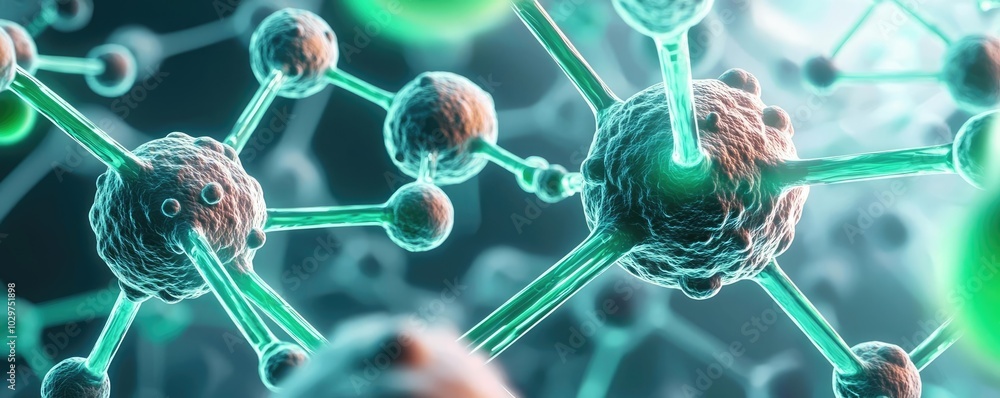 Aufkleber Microscopic view of molecules with glowing elements on a dark background.