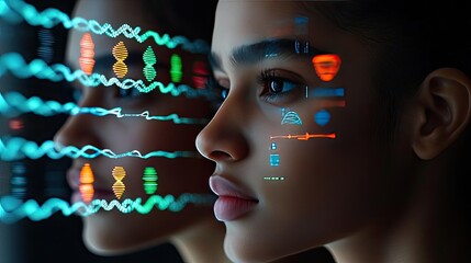 Close-up of a woman's face with digital graphics and data visualization overlay.