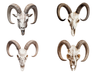 Collection of goat skulls isolated on transparent background