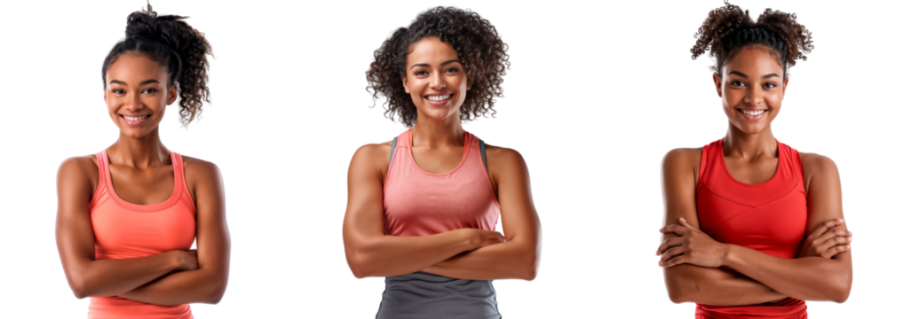 Portrait of a group of female fitness models wearing workout clothes, isolated on transparent background