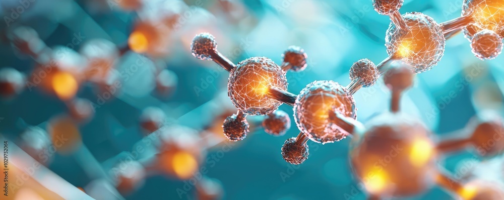 Poster molecular structure on a colorful background, showcasing connections and atoms.